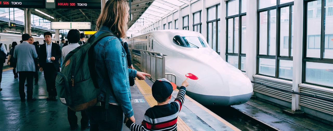 Mother and son at shinkansen platform in Japan